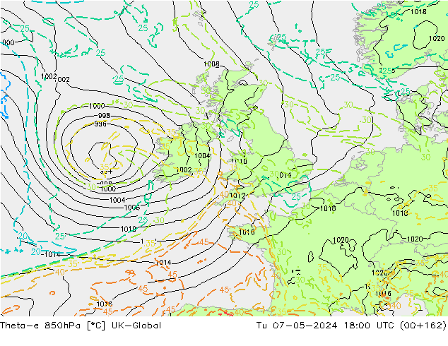 Theta-e 850hPa UK-Global Sa 07.05.2024 18 UTC