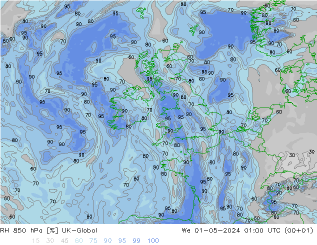 RH 850 hPa UK-Global St 01.05.2024 01 UTC