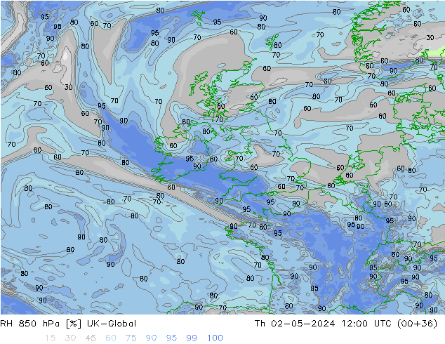 Humidité rel. 850 hPa UK-Global jeu 02.05.2024 12 UTC