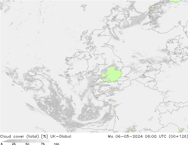 Cloud cover (total) UK-Global Mo 06.05.2024 06 UTC