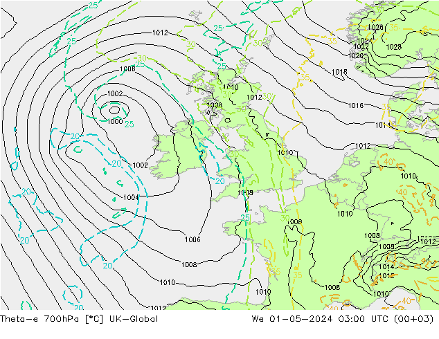 Theta-e 700hPa UK-Global We 01.05.2024 03 UTC