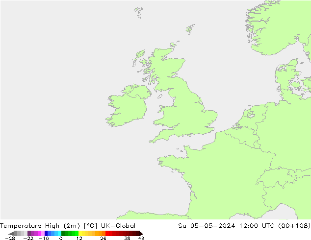 Nejvyšší teplota (2m) UK-Global Ne 05.05.2024 12 UTC