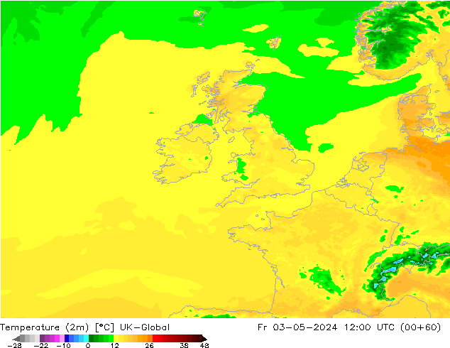 Temperatuurkaart (2m) UK-Global vr 03.05.2024 12 UTC