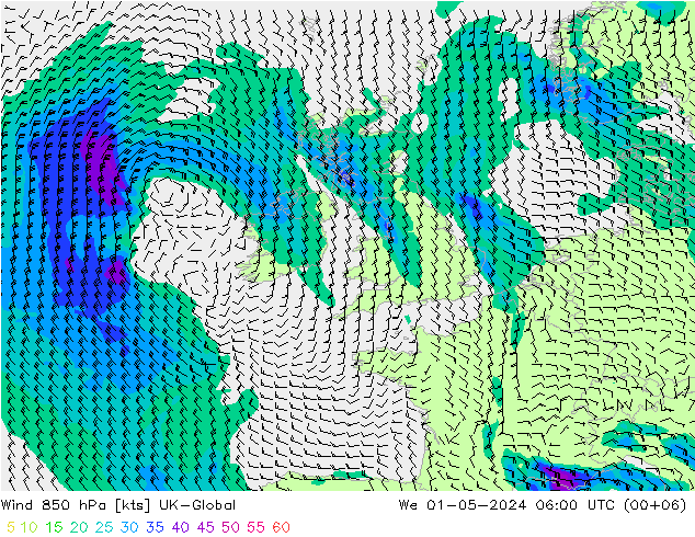 Wind 850 hPa UK-Global We 01.05.2024 06 UTC