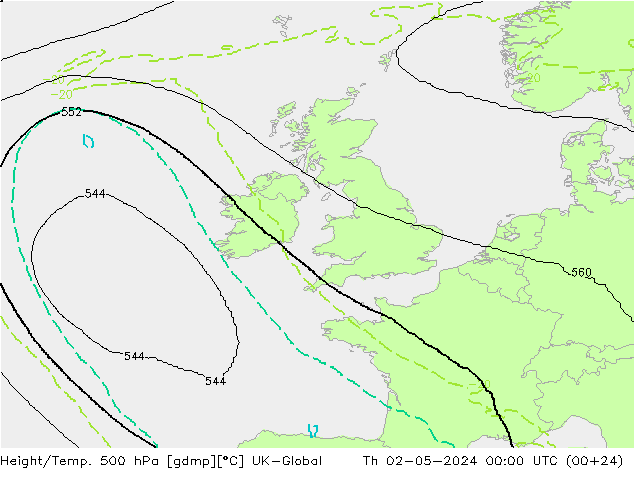 Height/Temp. 500 hPa UK-Global Th 02.05.2024 00 UTC