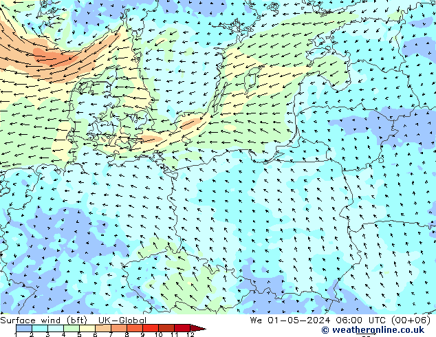 Wind 10 m (bft) UK-Global wo 01.05.2024 06 UTC