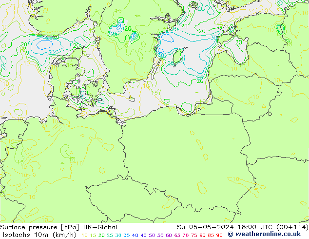 Isotachs (kph) UK-Global Dom 05.05.2024 18 UTC