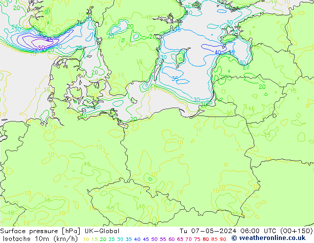 Isotachs (kph) UK-Global mar 07.05.2024 06 UTC