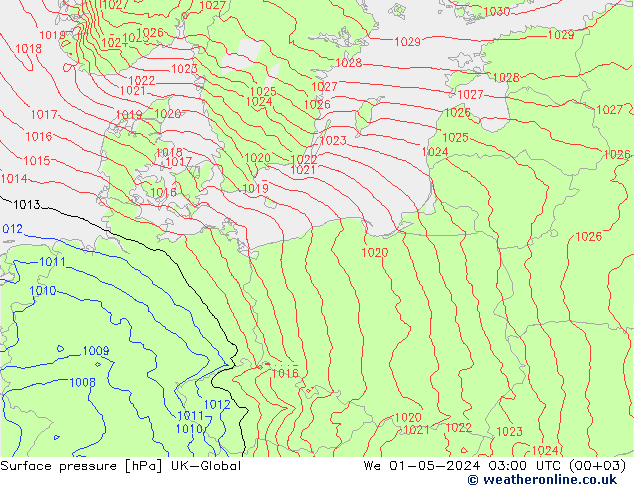 Atmosférický tlak UK-Global St 01.05.2024 03 UTC