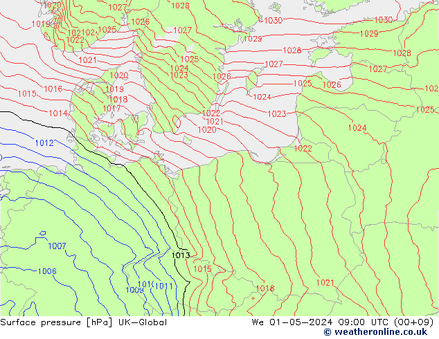 Atmosférický tlak UK-Global St 01.05.2024 09 UTC