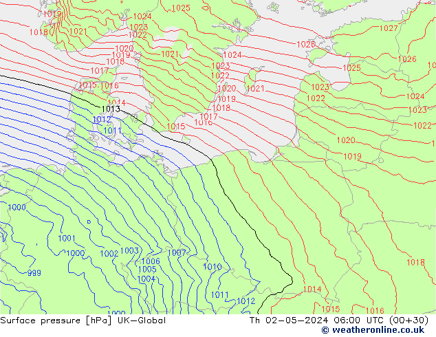 Surface pressure UK-Global Th 02.05.2024 06 UTC