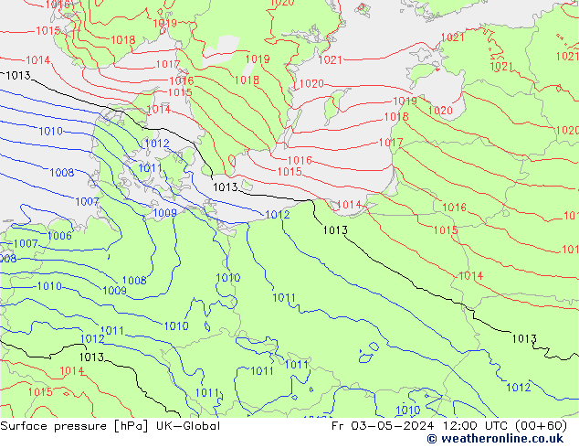 Pressione al suolo UK-Global ven 03.05.2024 12 UTC