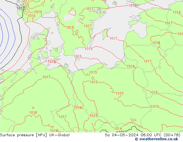Atmosférický tlak UK-Global So 04.05.2024 06 UTC
