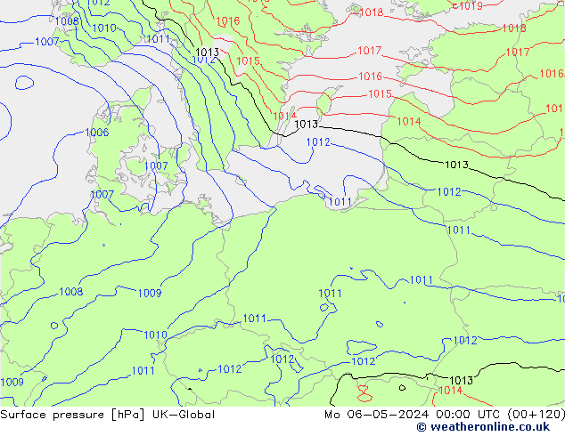 Surface pressure UK-Global Mo 06.05.2024 00 UTC