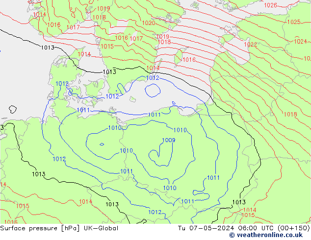 Surface pressure UK-Global Tu 07.05.2024 06 UTC