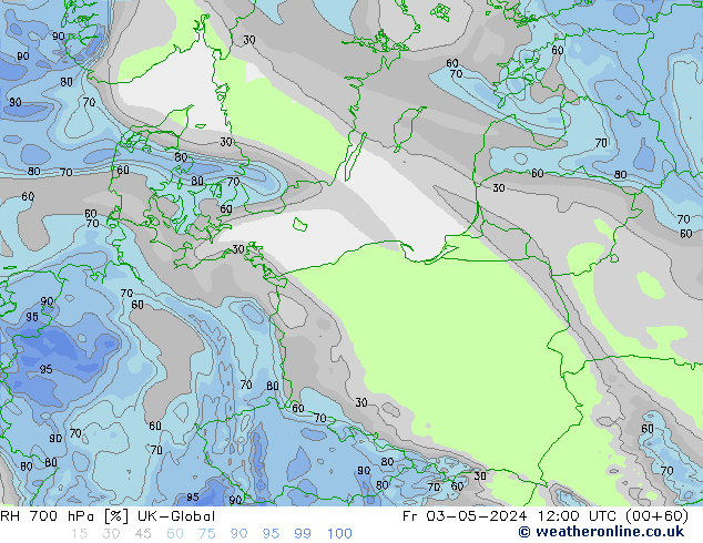 Humidité rel. 700 hPa UK-Global ven 03.05.2024 12 UTC