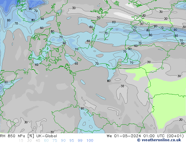 RH 850 hPa UK-Global We 01.05.2024 01 UTC