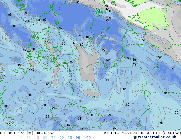 Humidité rel. 850 hPa UK-Global mer 08.05.2024 00 UTC