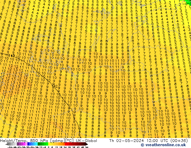 Height/Temp. 850 hPa UK-Global gio 02.05.2024 12 UTC