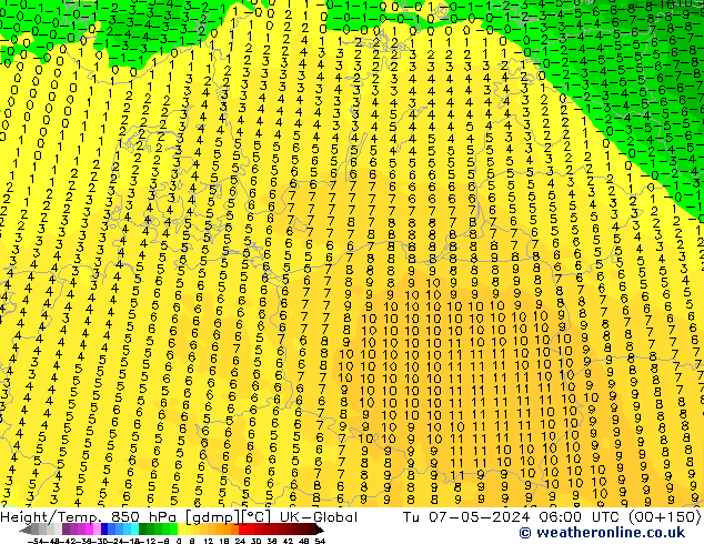 Height/Temp. 850 гПа UK-Global вт 07.05.2024 06 UTC