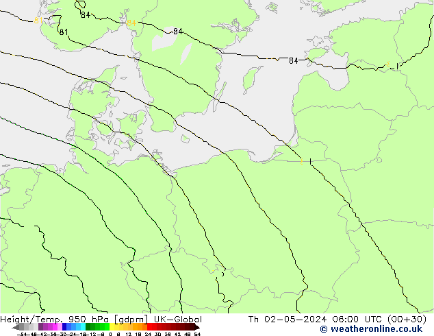 Height/Temp. 950 hPa UK-Global Th 02.05.2024 06 UTC