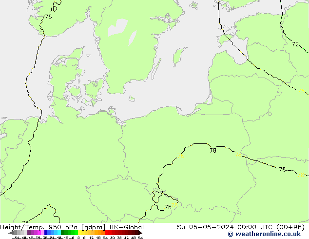 Height/Temp. 950 hPa UK-Global nie. 05.05.2024 00 UTC