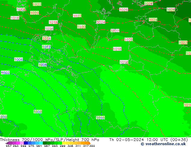 Thck 700-1000 hPa UK-Global Čt 02.05.2024 12 UTC