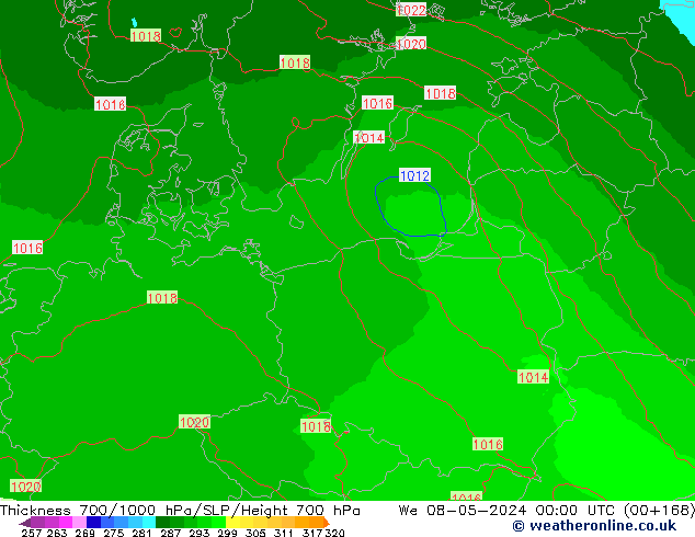 Thck 700-1000 hPa UK-Global We 08.05.2024 00 UTC