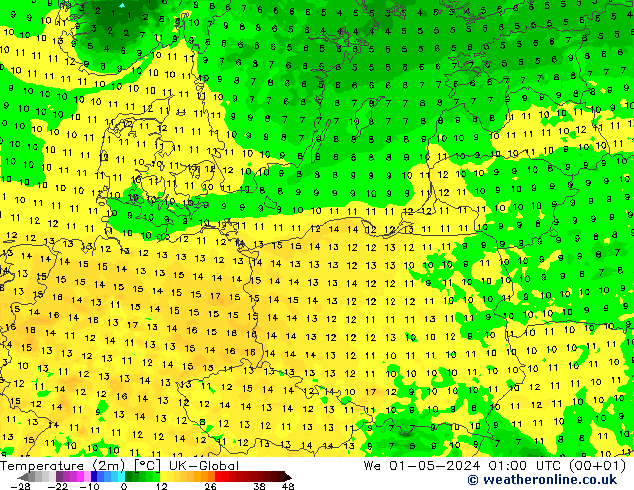 Temperatuurkaart (2m) UK-Global wo 01.05.2024 01 UTC