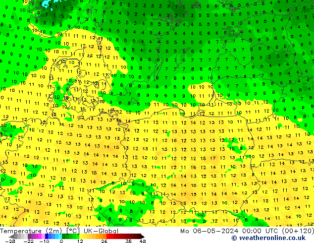 Temperatura (2m) UK-Global Seg 06.05.2024 00 UTC