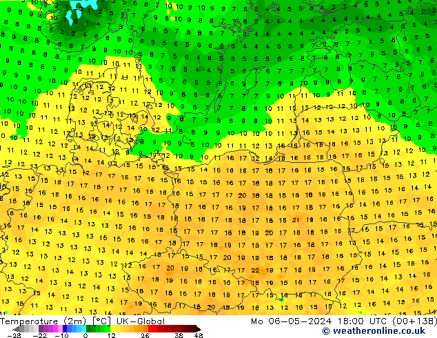 mapa temperatury (2m) UK-Global pon. 06.05.2024 18 UTC