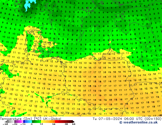 température (2m) UK-Global mar 07.05.2024 06 UTC