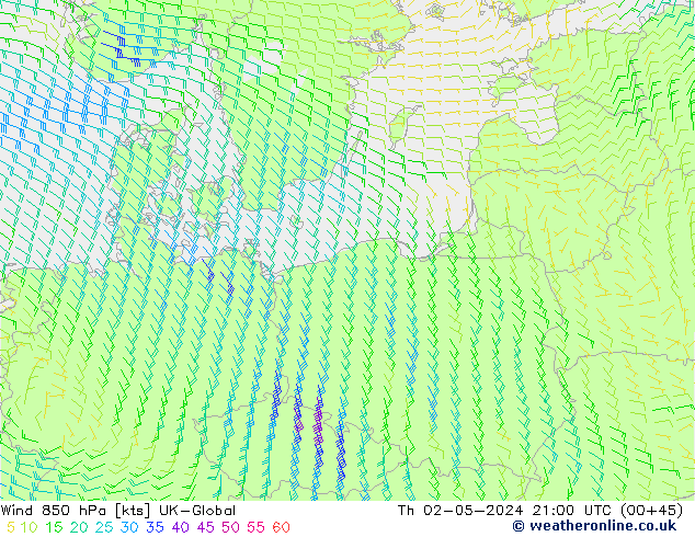 Vento 850 hPa UK-Global Qui 02.05.2024 21 UTC