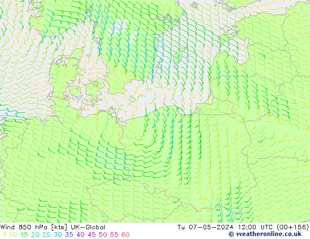 Wind 850 hPa UK-Global Tu 07.05.2024 12 UTC