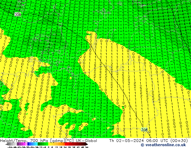 Height/Temp. 700 гПа UK-Global чт 02.05.2024 06 UTC