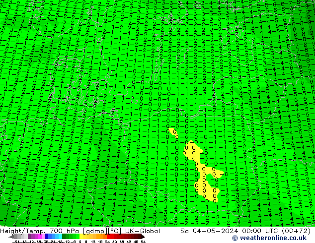 Height/Temp. 700 hPa UK-Global sab 04.05.2024 00 UTC