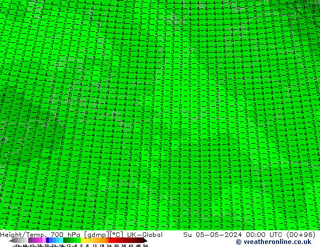 Height/Temp. 700 hPa UK-Global nie. 05.05.2024 00 UTC