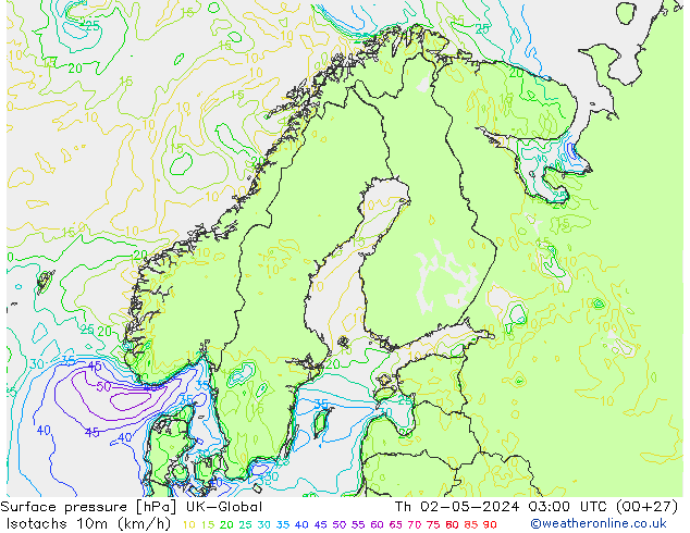 Isotachs (kph) UK-Global Th 02.05.2024 03 UTC