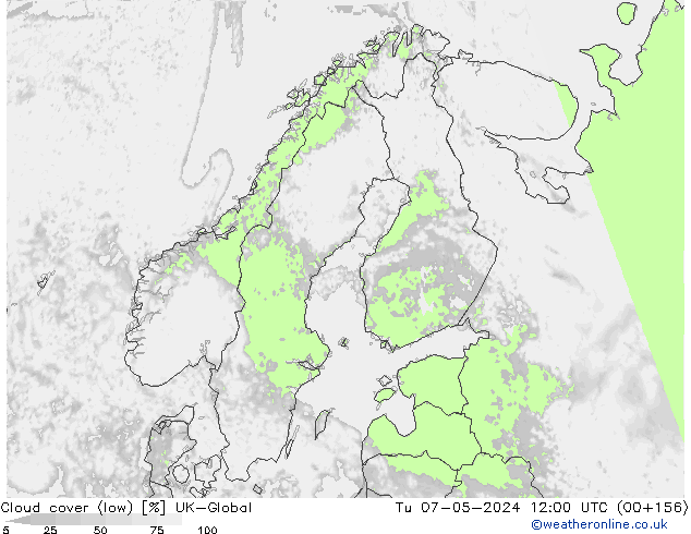 Cloud cover (low) UK-Global Tu 07.05.2024 12 UTC