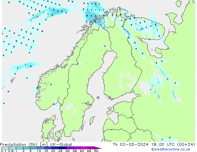 Precipitation (6h) UK-Global Čt 02.05.2024 00 UTC