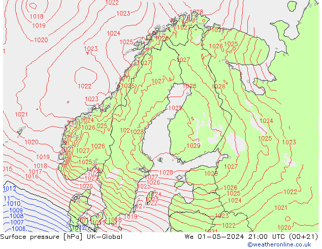 Pressione al suolo UK-Global mer 01.05.2024 21 UTC