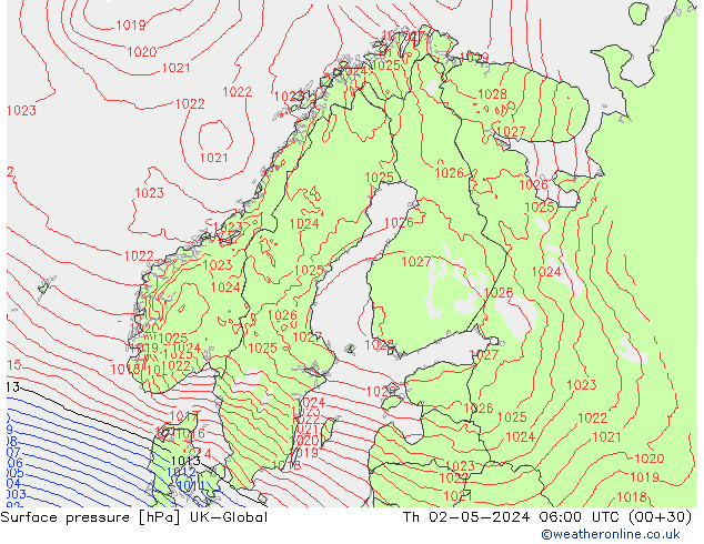 Surface pressure UK-Global Th 02.05.2024 06 UTC