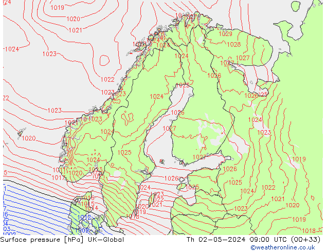 Pressione al suolo UK-Global gio 02.05.2024 09 UTC