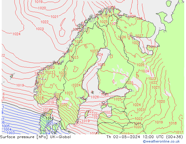 Pressione al suolo UK-Global gio 02.05.2024 12 UTC