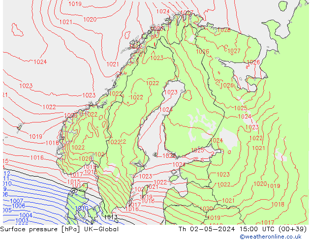 Presión superficial UK-Global jue 02.05.2024 15 UTC