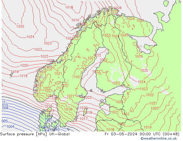 Pressione al suolo UK-Global ven 03.05.2024 00 UTC