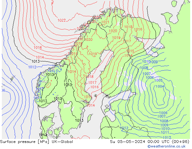 Pressione al suolo UK-Global dom 05.05.2024 00 UTC