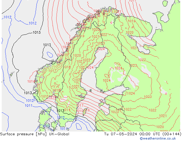 Surface pressure UK-Global Tu 07.05.2024 00 UTC