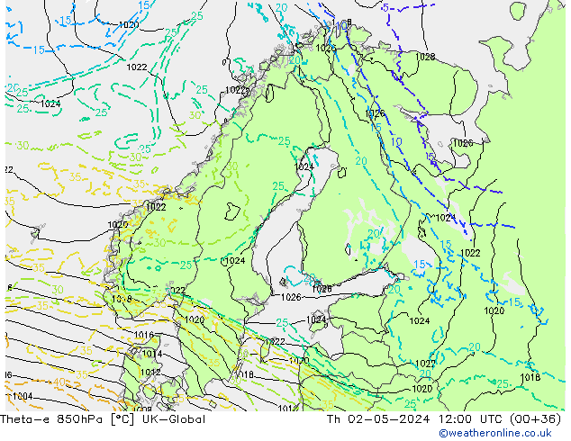 Theta-e 850hPa UK-Global  02.05.2024 12 UTC