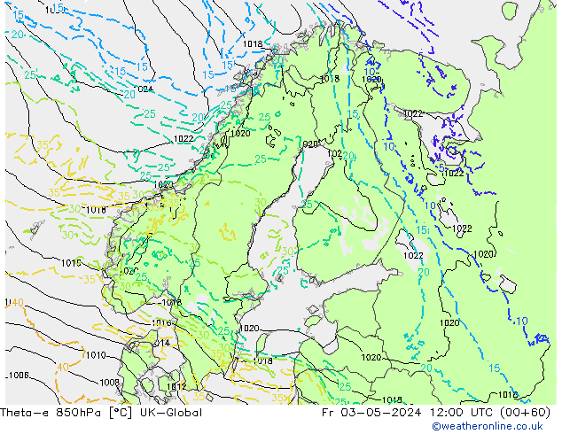 Theta-e 850hPa UK-Global vr 03.05.2024 12 UTC